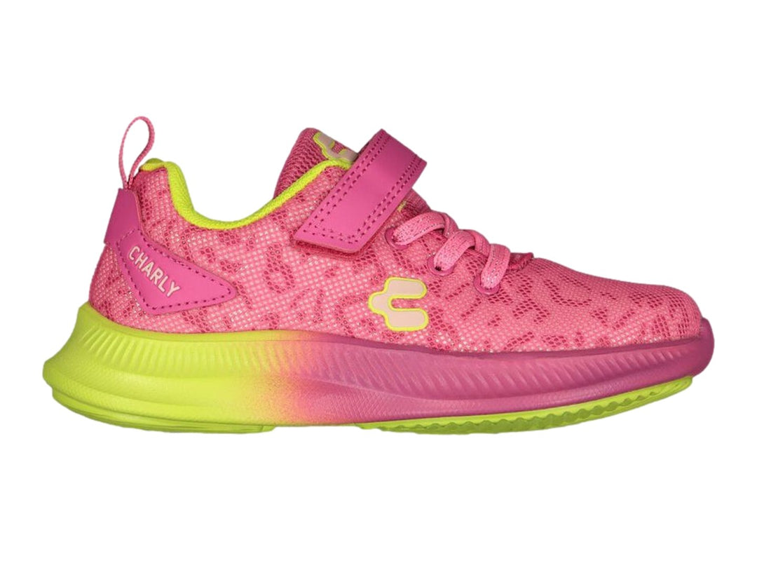 Tenis deportivos Charly para niña en colores rosa fucsia y verde lima con correa de velcro.