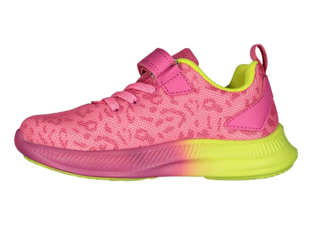 Tenis deportivos Charly para niña en colores rosa fucsia y verde lima con correa de velcro.