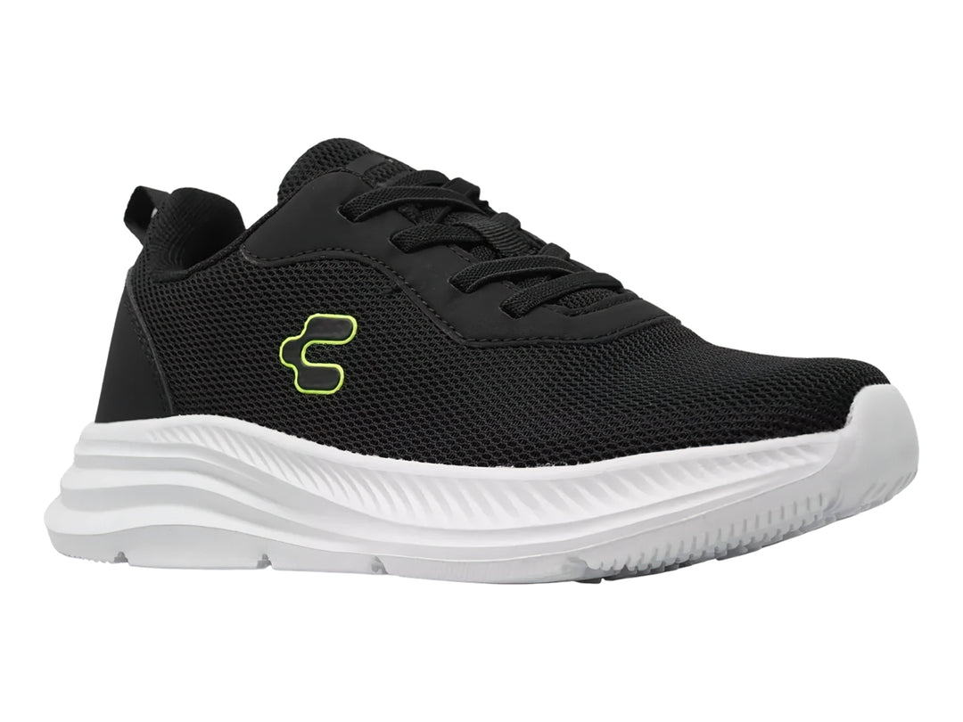 Tenis deportivos Charly color negro con suela blanca y logotipo verde lima.