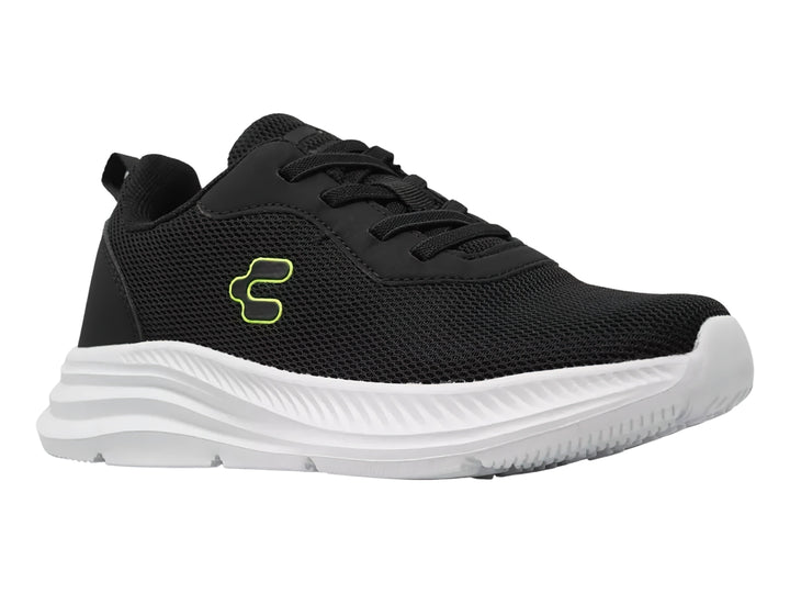 Tenis deportivos Charly color negro con suela blanca y logotipo verde lima.