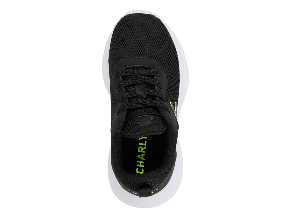 Tenis deportivos Charly color negro con suela blanca y logotipo verde lima.