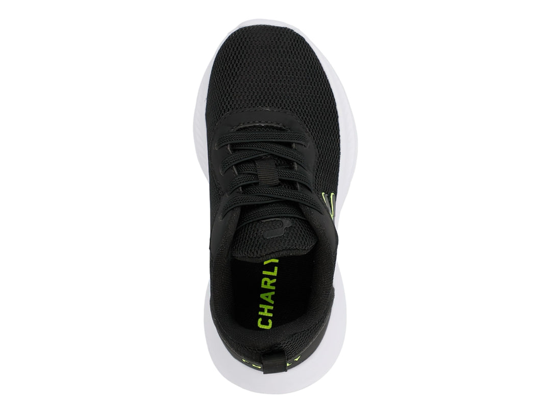 Tenis deportivos Charly color negro con suela blanca y logotipo verde lima.
