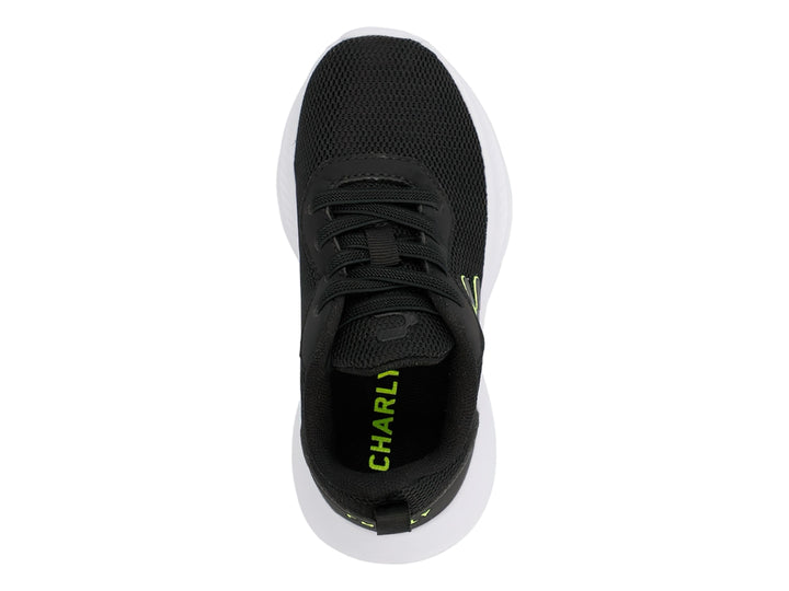 Tenis deportivos Charly color negro con suela blanca y logotipo verde lima.