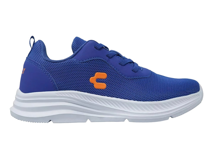 Tenis deportivos Charly en color azul con suela blanca y detalles en naranja.