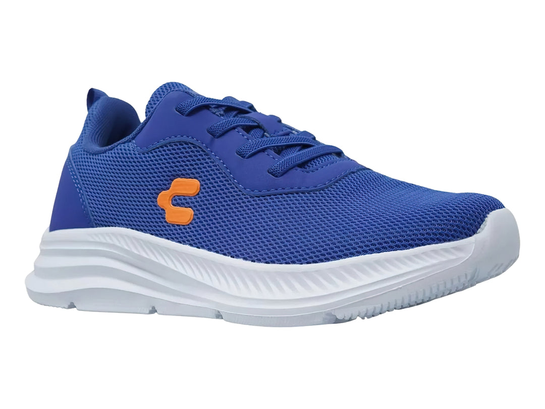 Tenis deportivos Charly en color azul con suela blanca y detalles en naranja.