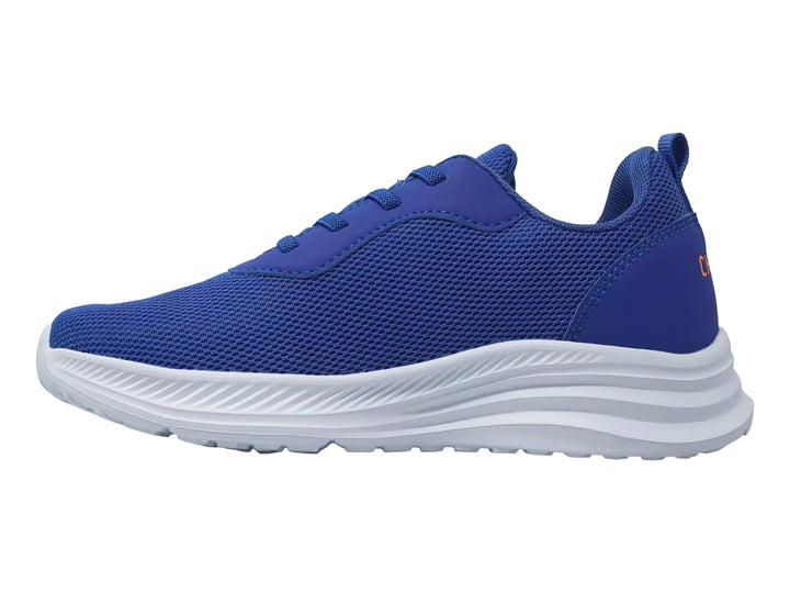 Tenis deportivos Charly en color azul con suela blanca y detalles en naranja.