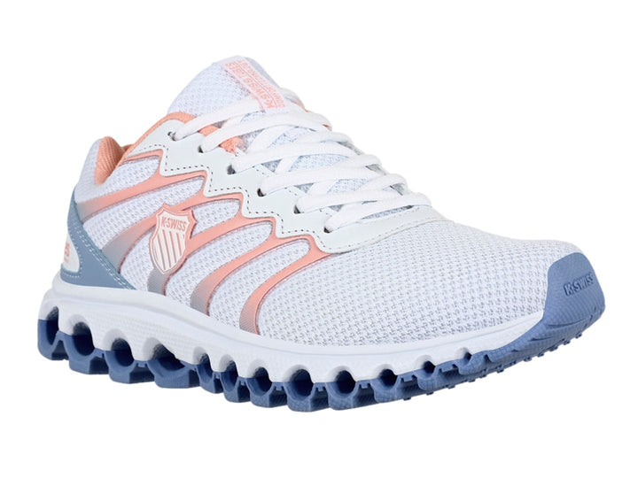 Tenis deportivos K-Swiss Tubes V en color blanco con detalles en azul chambray y coral.