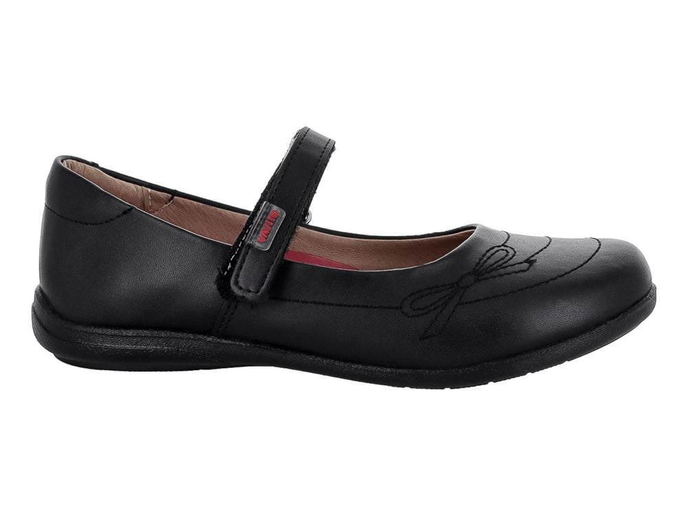 Zapato negro para niña estilo Mary Jane con correa y detalle de moño bordado.