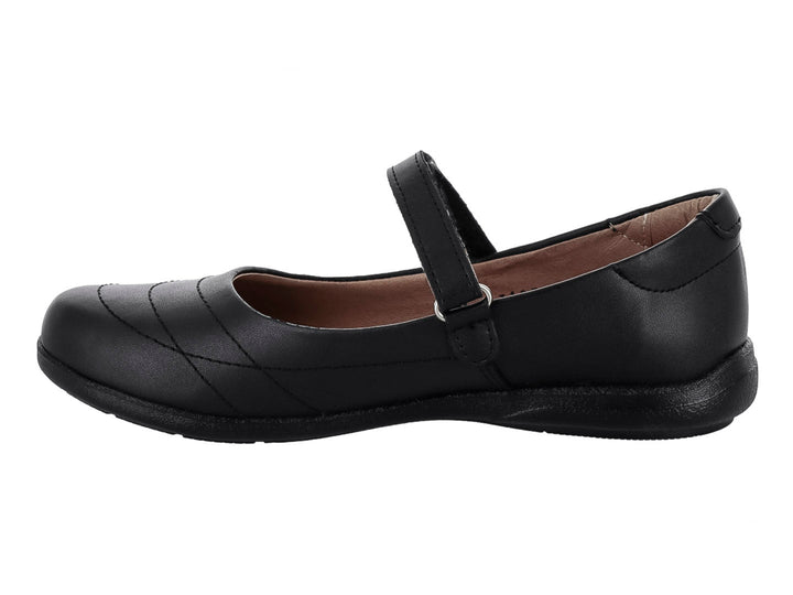 Zapato negro para niña estilo Mary Jane con correa y detalle de moño bordado.