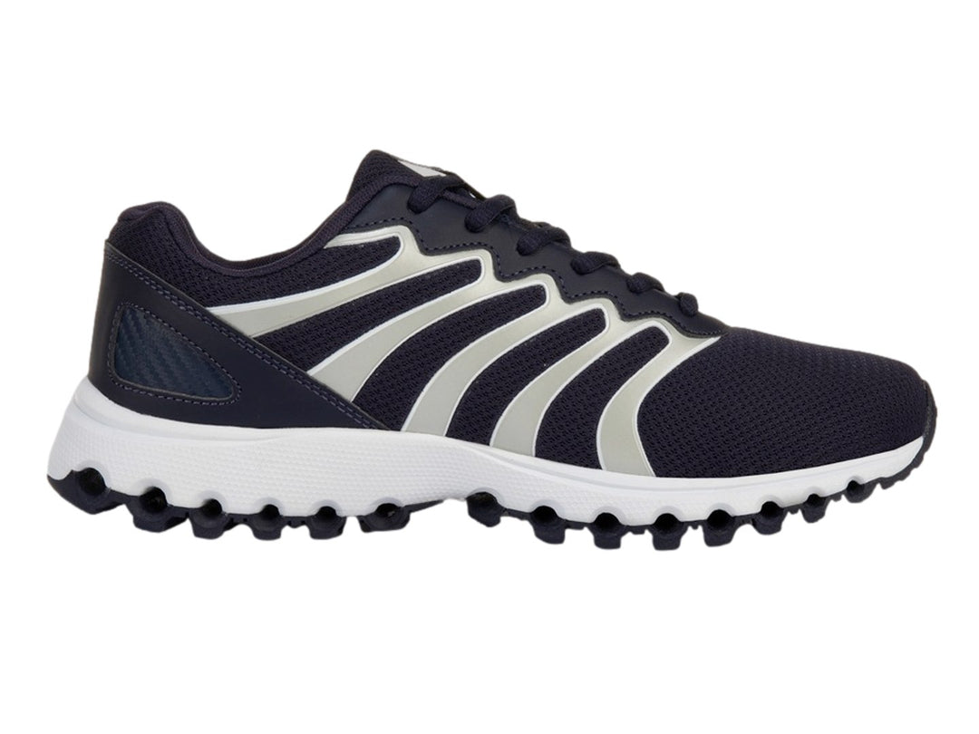Tenis deportivos K-Swiss color azul marino con detalles plateados y suela blanca.