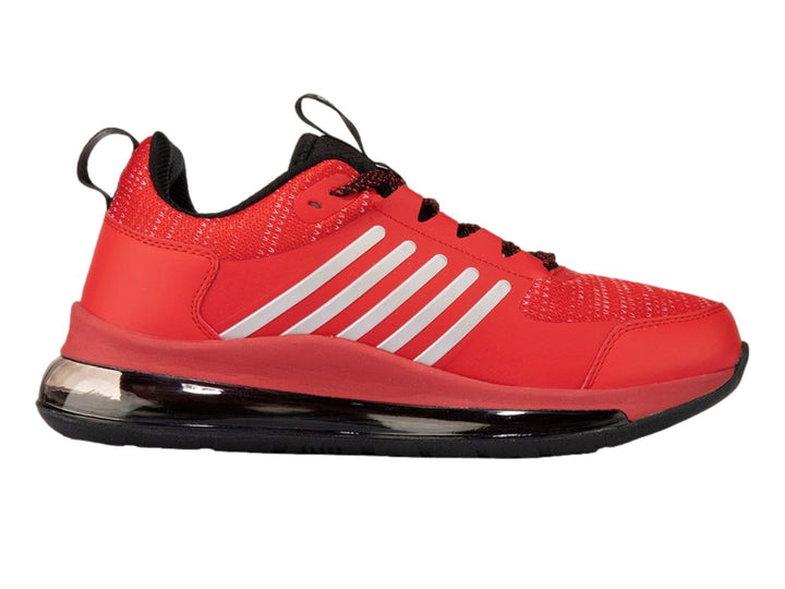 Tenis deportivos K-Swiss color rojo con rayas blancas laterales y suela negra con cámara de aire visible.