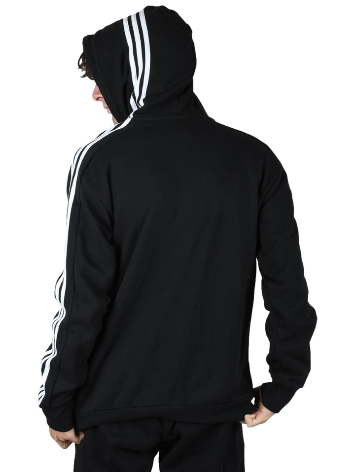 Sudadera con capucha Adidas color negro con tres franjas blancas en las mangas y logo en el pecho.