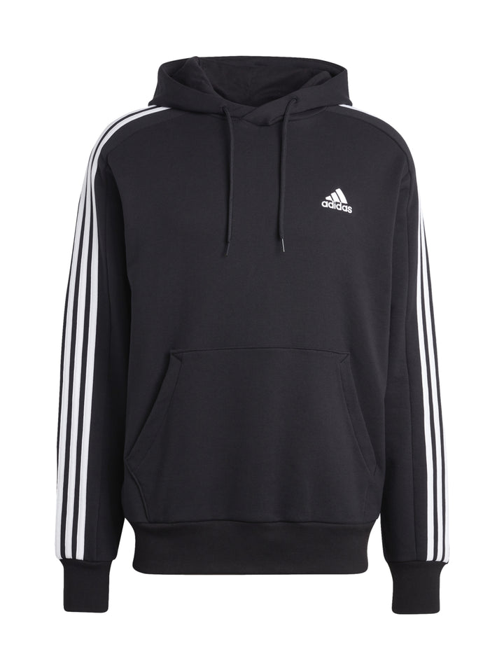 Sudadera con capucha Adidas color negro con tres franjas blancas en las mangas y logo en el pecho.