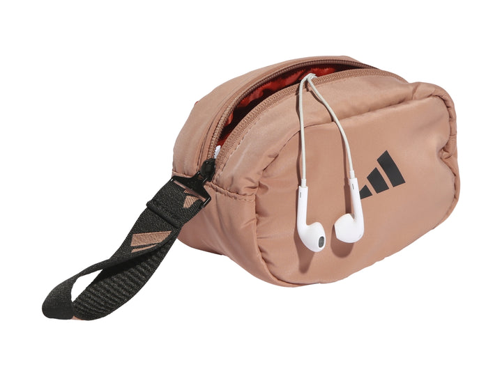 Estuche Adidas color rosa viejo con asa negra y logotipo frontal en color negro.
