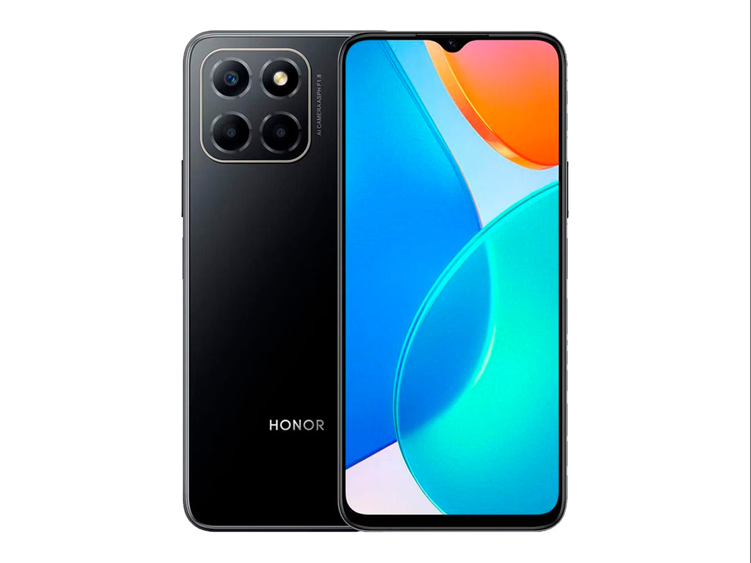 Smartphone HONOR Libre X6 color negro, vista frontal y trasera con pantalla de 6.5 pulgadas y módulo de cámara triple.