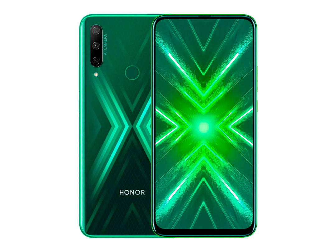Teléfono inteligente HONOR Libre 9X en color verde con acabado brillante y pantalla frontal completa.
