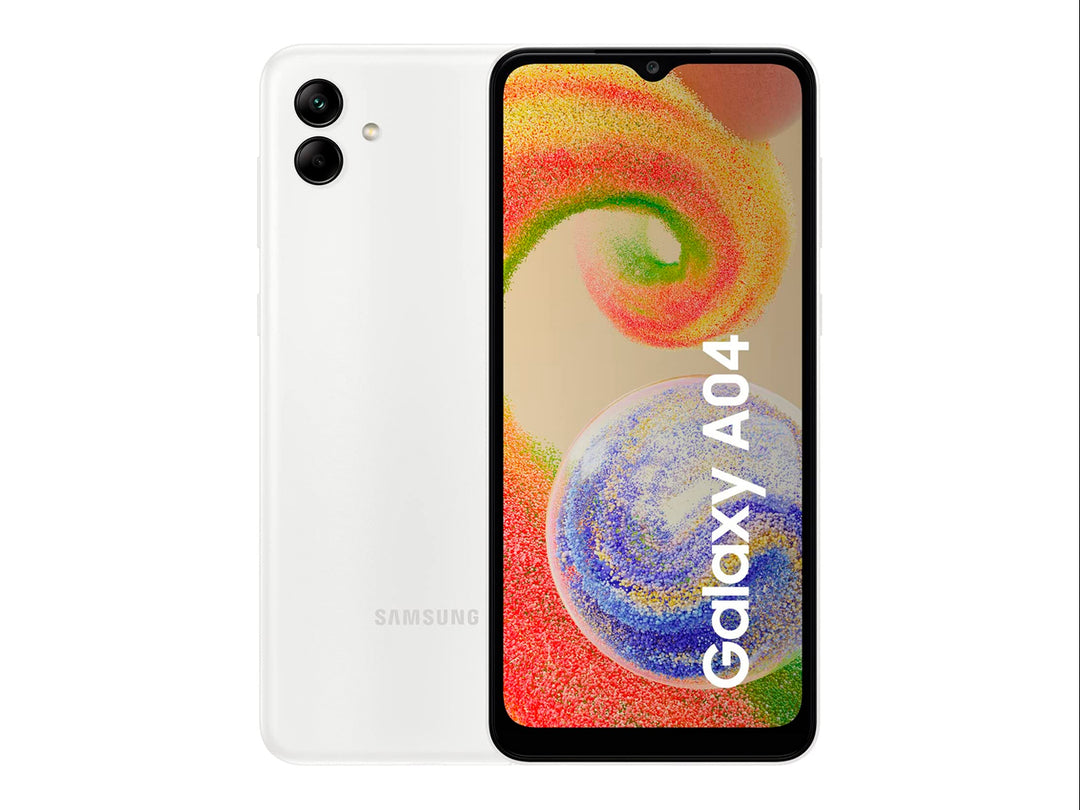 Teléfono inteligente Samsung Galaxy A04 en color blanco, vista frontal y posterior sobre fondo blanco.
