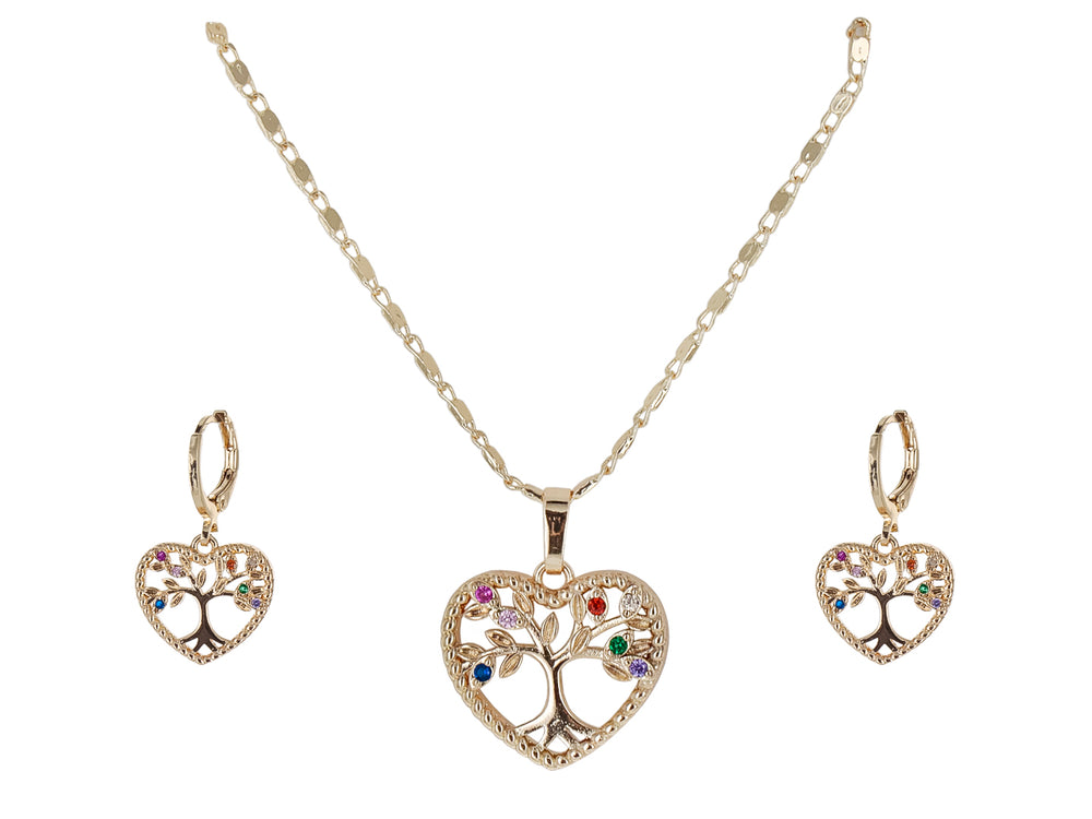 Set de joyería dorado con collar y aretes en forma de corazón con diseño de árbol de la vida y cristales de colores.