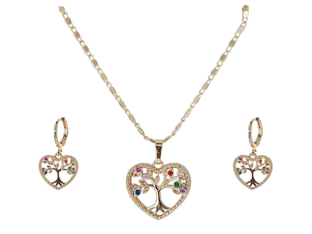 Set de joyería dorado con collar y aretes en forma de corazón con diseño de árbol de la vida y cristales de colores.