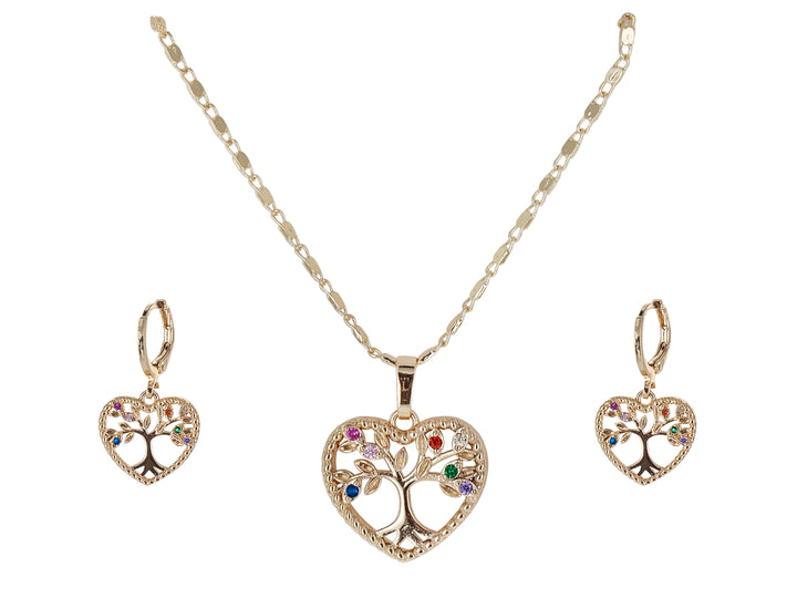 Set de joyería dorado con collar y aretes en forma de corazón con diseño de árbol de la vida y cristales de colores.