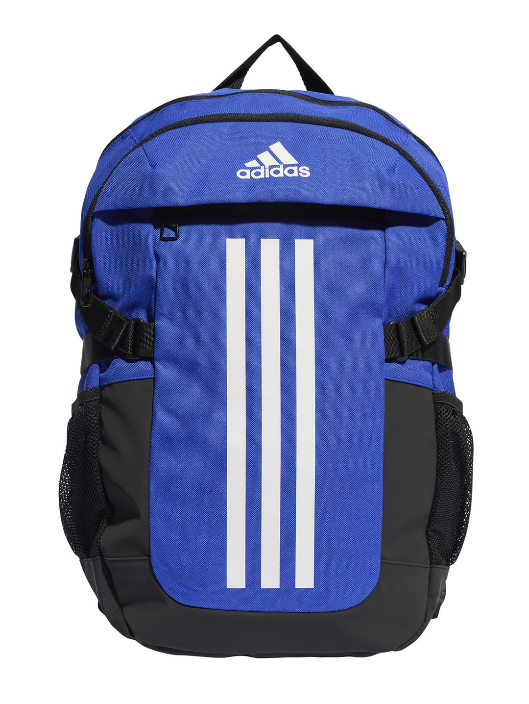 Mochila Adidas color azul royal con tres franjas blancas verticales y detalles en negro.