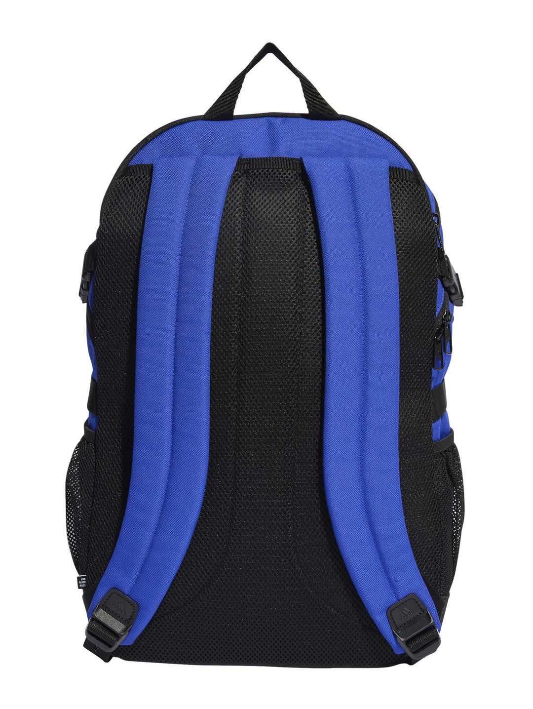 Mochila Adidas color azul royal con tres franjas blancas verticales y detalles en negro.