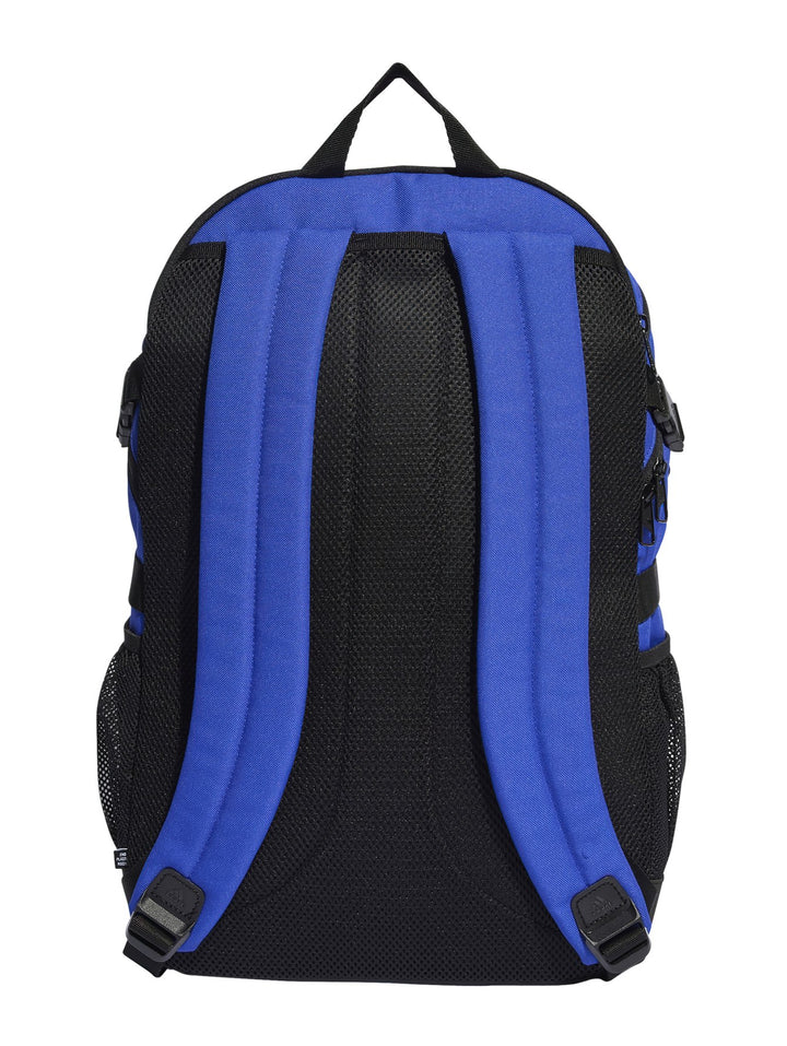 Mochila Adidas color azul royal con tres franjas blancas verticales y detalles en negro.