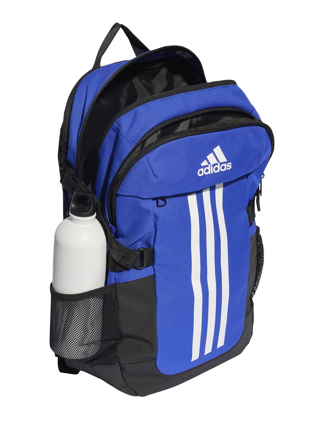 Mochila Adidas color azul royal con tres franjas blancas verticales y detalles en negro.