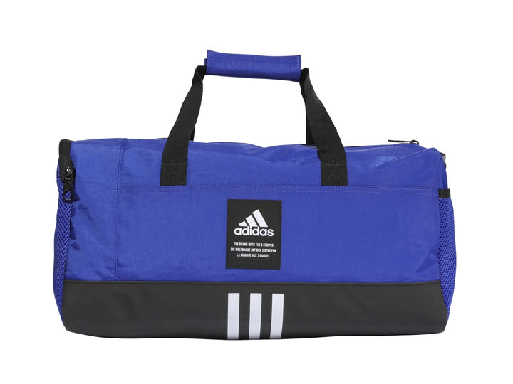 Bolsa de deporte Adidas color azul royal y negro con tres franjas blancas en la base.