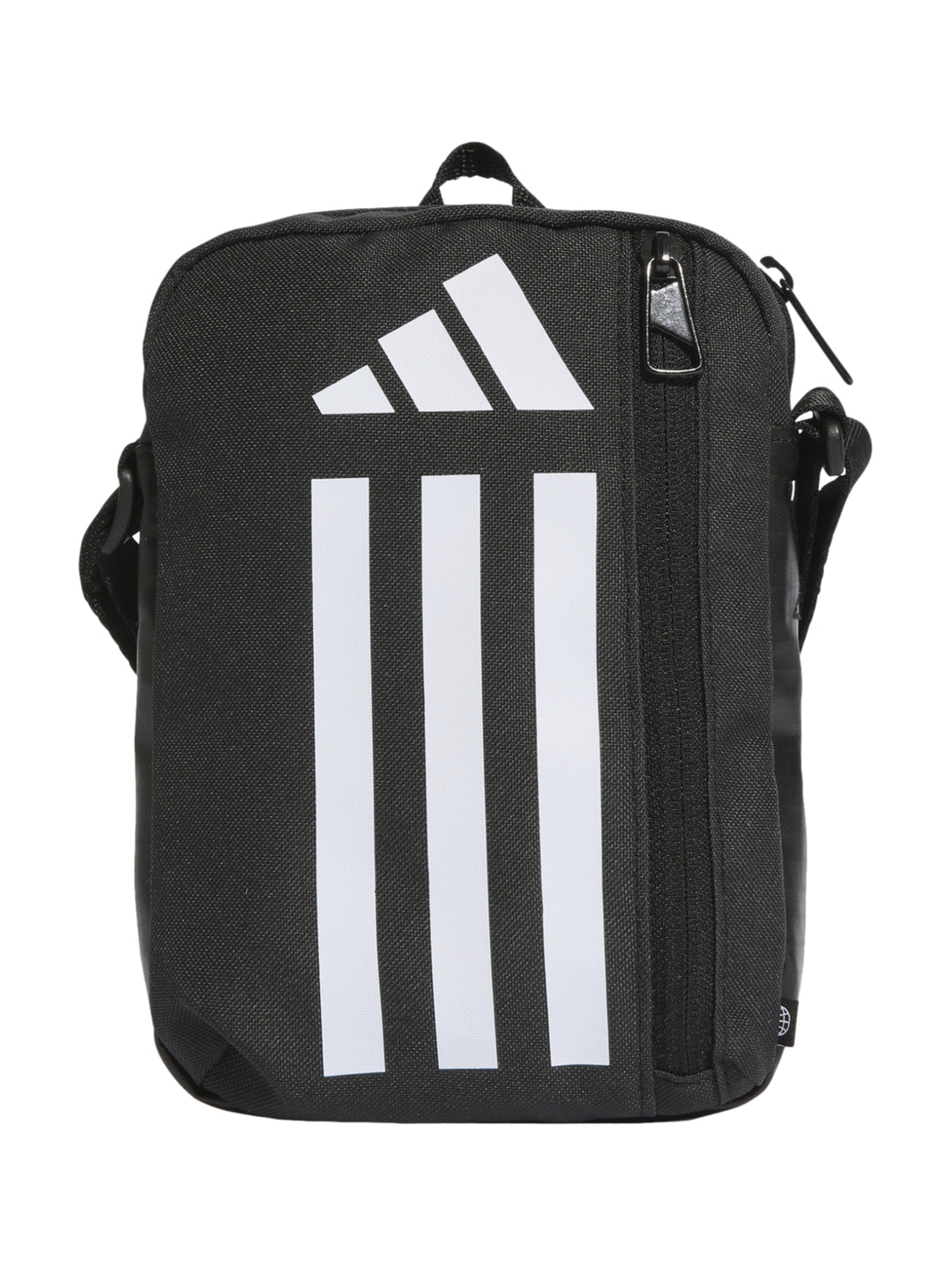 Bolso organizador Adidas color negro con logotipo y tres franjas verticales en color blanco.
