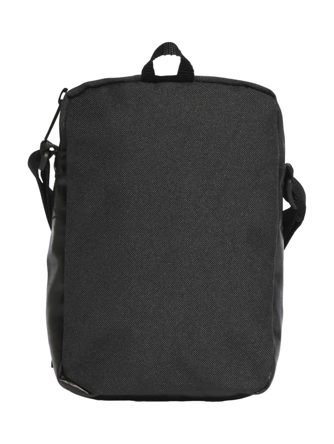 Bolso organizador Adidas color negro con logotipo y tres franjas verticales en color blanco.