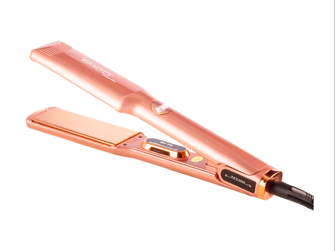 Plancha alaciadora profesional TIMCO color oro rosa con acabado brillante y pantalla digital.