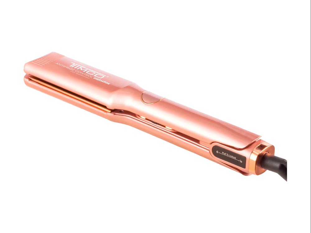 Plancha alaciadora profesional TIMCO color oro rosa con acabado brillante y pantalla digital.