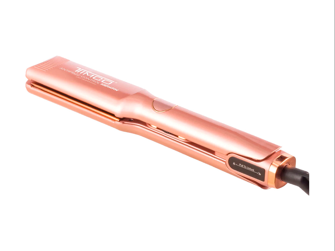 Plancha alaciadora profesional TIMCO color oro rosa con acabado brillante y pantalla digital.