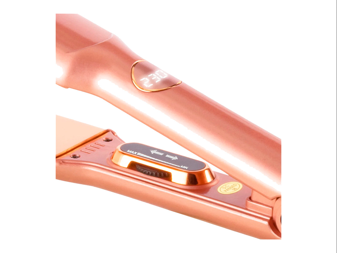Plancha alaciadora profesional TIMCO color oro rosa con acabado brillante y pantalla digital.