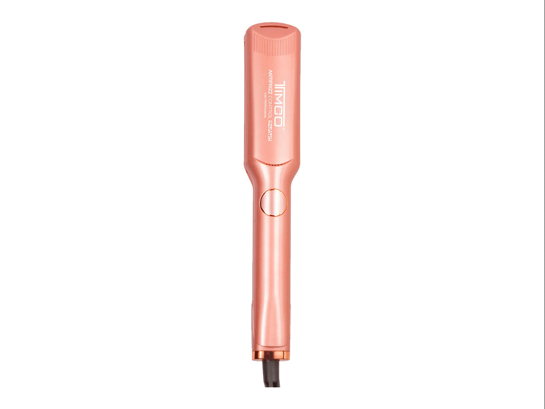 Plancha alaciadora profesional TIMCO color oro rosa con acabado brillante y pantalla digital.