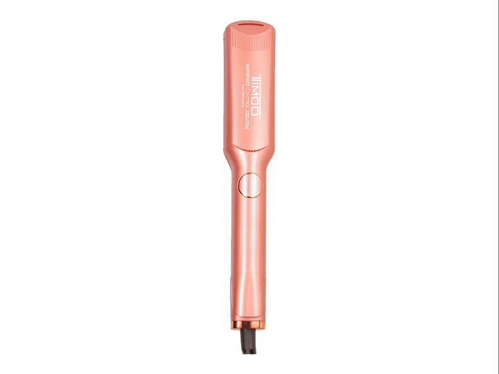 Plancha alaciadora profesional TIMCO color oro rosa con acabado brillante y pantalla digital.