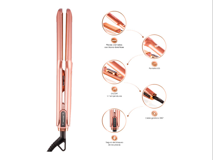 Plancha alaciadora profesional TIMCO color oro rosa con acabado brillante y pantalla digital.