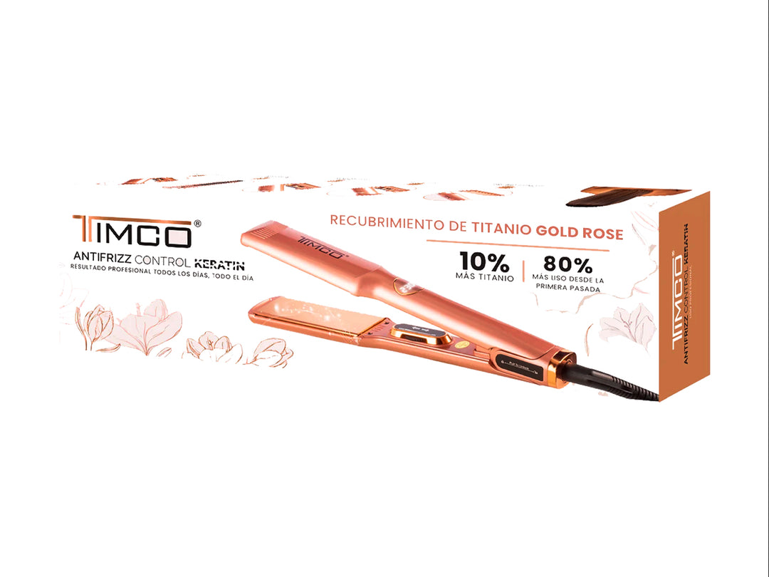 Plancha alaciadora profesional TIMCO color oro rosa con acabado brillante y pantalla digital.