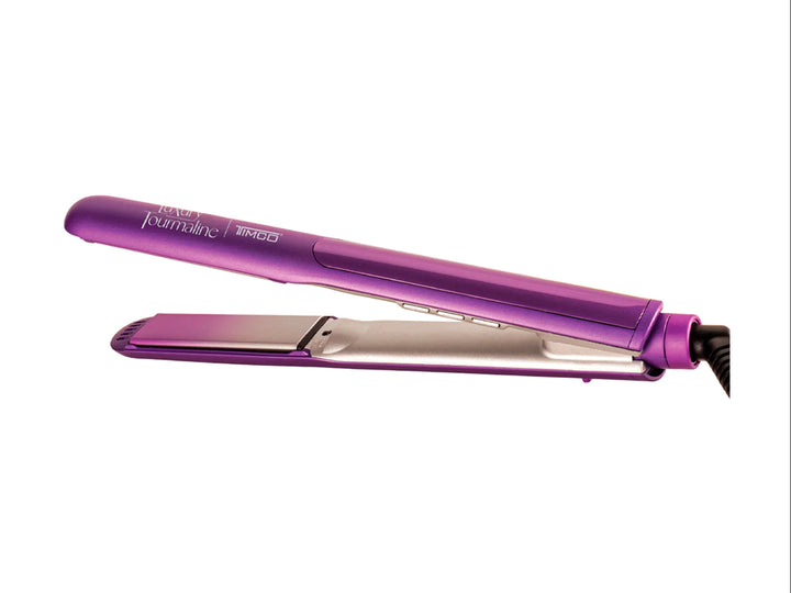 Plancha alaciadora de cabello profesional color morado con placas plateadas sobre fondo blanco.