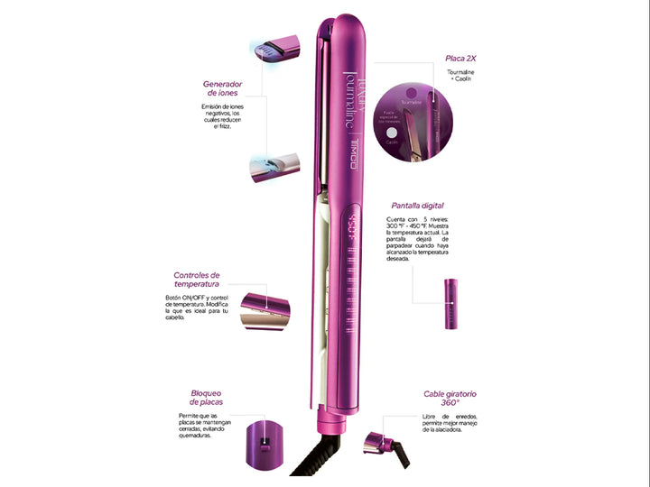 Plancha alaciadora de cabello profesional color morado con placas plateadas sobre fondo blanco.