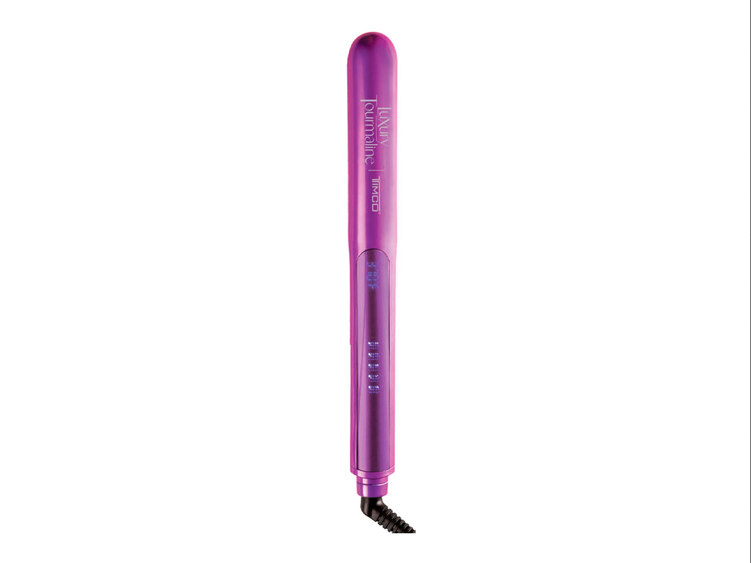 Plancha alaciadora de cabello profesional color morado con placas plateadas sobre fondo blanco.