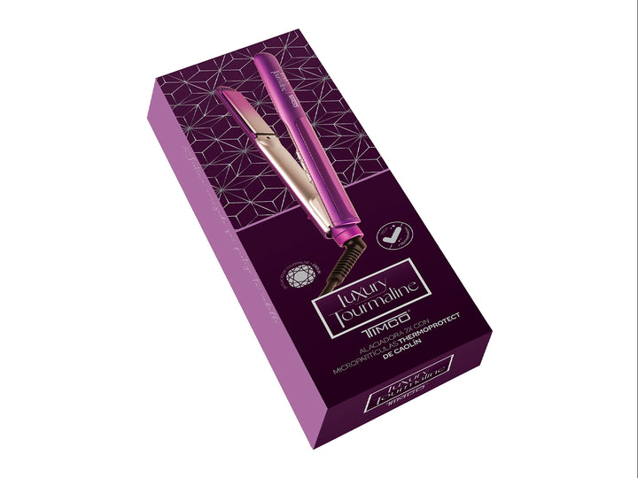 Plancha alaciadora de cabello profesional color morado con placas plateadas sobre fondo blanco.