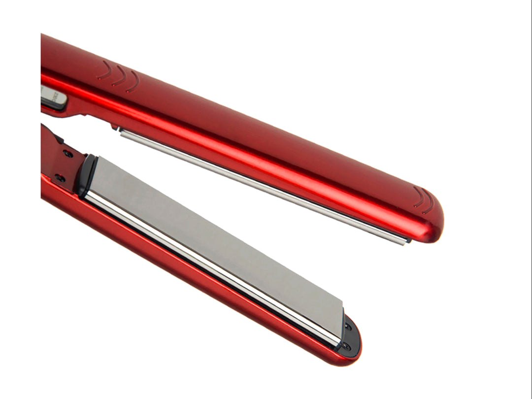 Plancha alisadora digital TIMCO de color rojo brillante con placas negras y diseño moderno.