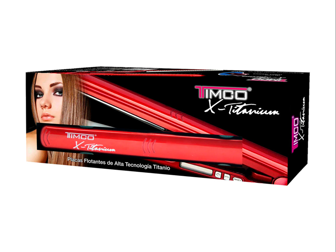 Plancha alisadora digital TIMCO de color rojo brillante con placas negras y diseño moderno.