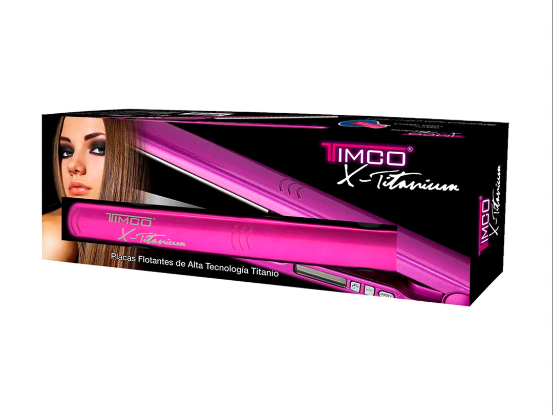 Plancha alisadora digital de color rosa brillante con placas grises, abierta sobre fondo blanco.