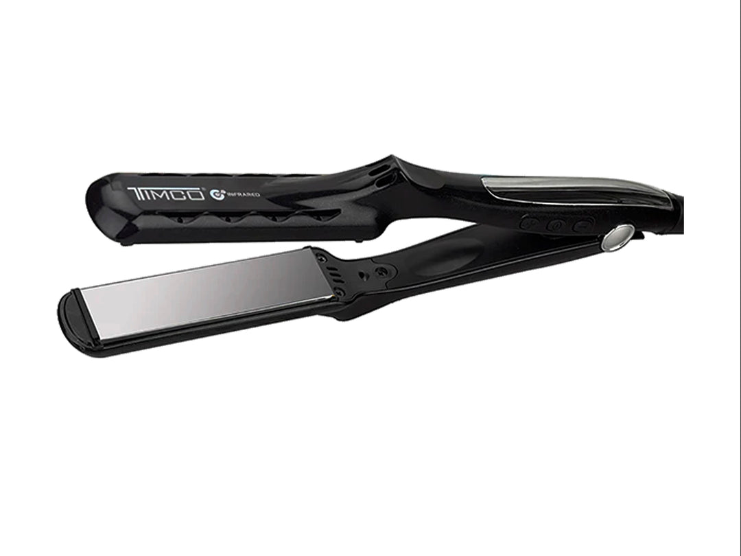 Plancha alisadora de cabello TIMCO color negro con placas grises, diseño moderno y ergonómico.