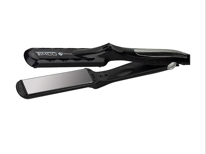 Plancha alisadora de cabello TIMCO color negro con placas grises, diseño moderno y ergonómico.