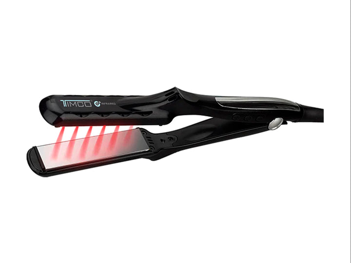 Plancha alisadora de cabello TIMCO color negro con placas grises, diseño moderno y ergonómico.