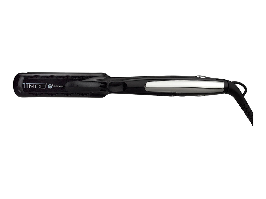 Plancha alisadora de cabello TIMCO color negro con placas grises, diseño moderno y ergonómico.